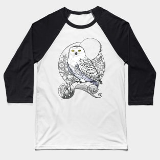 Snowy Owl Doodle in a blue wintery scene Baseball T-Shirt